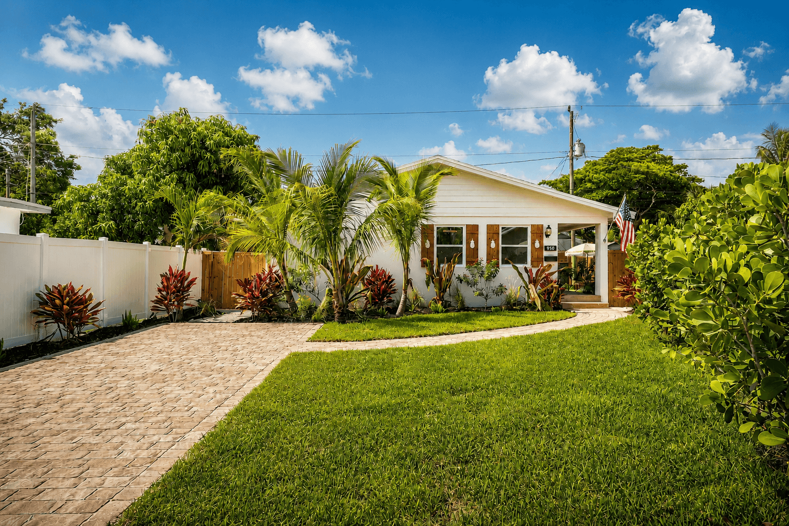 White cottage behind a paver driveway and palms, with cedar pineapple-cutout shutters